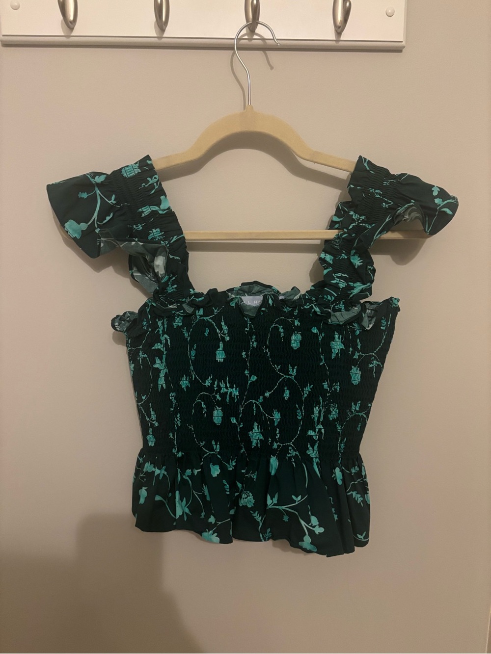 Hill House Green Tank Top with Teal Floral Print and Ruffle Straps
